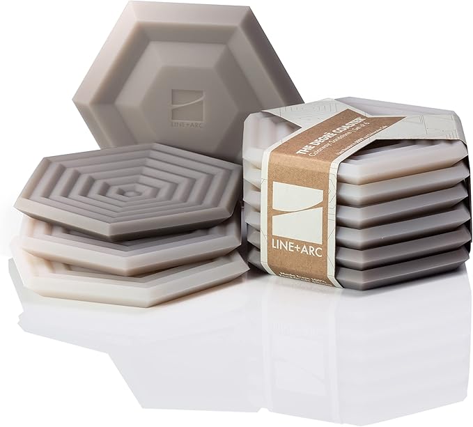 LINE+ARC Extra Thick Silicone Coasters (As Seen in NYTimes WireCutter) Waterproof Anti-Stain Heat-Safe Dishwasher-Safe Degrē Coasters (Set of 6, Sandstone) Outdoor Rubber Mid-Century Modern