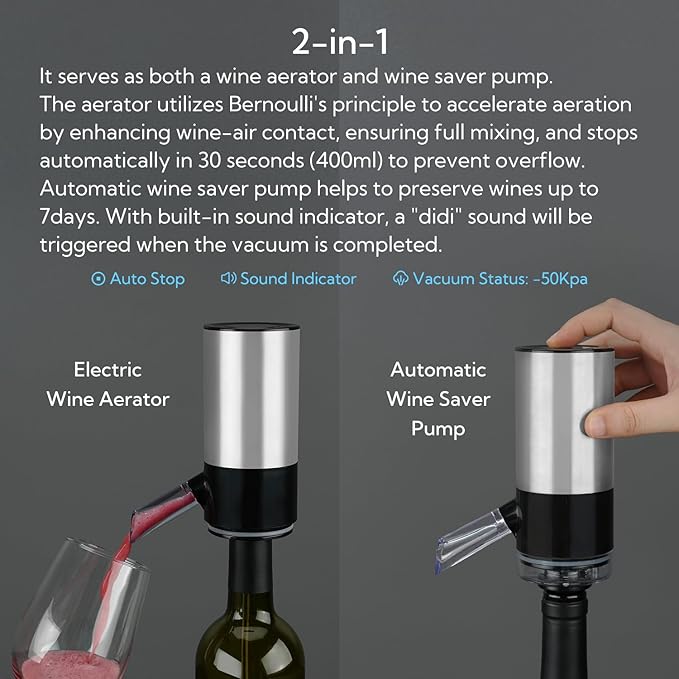 KITCHENDAO Rechargeable Electric Wine Aerator Dispenser and 3 in 1 Wine Bottle Opener Corkscrew