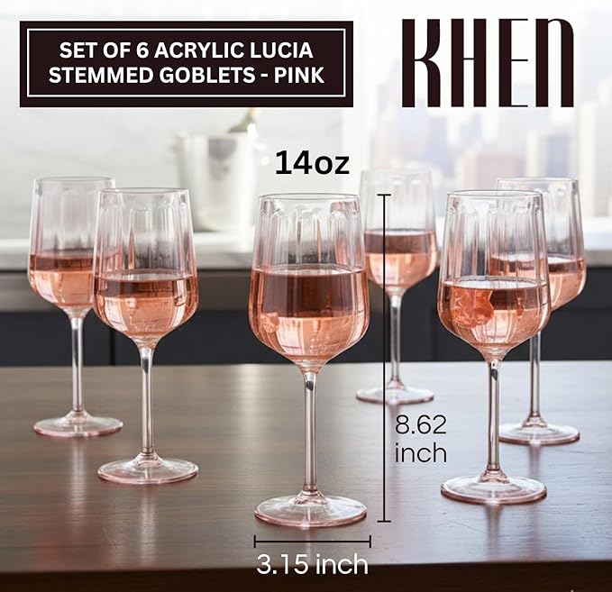Khen Acrylic Lucia Stemmed Goblets - Unbreakable Wine Glasses Reusable Drinking Cups Dishwasher Safe Elegant Stemware for Cocktail Champagne | Kitchen Bar Party | Set of 6 |14oz | Pink