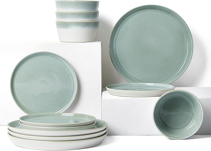 Pokini Dinnerware Sets for 4, Ceramic Plates and Bowls Set, Modern Artisan Dish Set, Microwave & Dishwasher Safe Dishware Set, Chip & Scratch Resistant Dinner Sets, Gradient Green