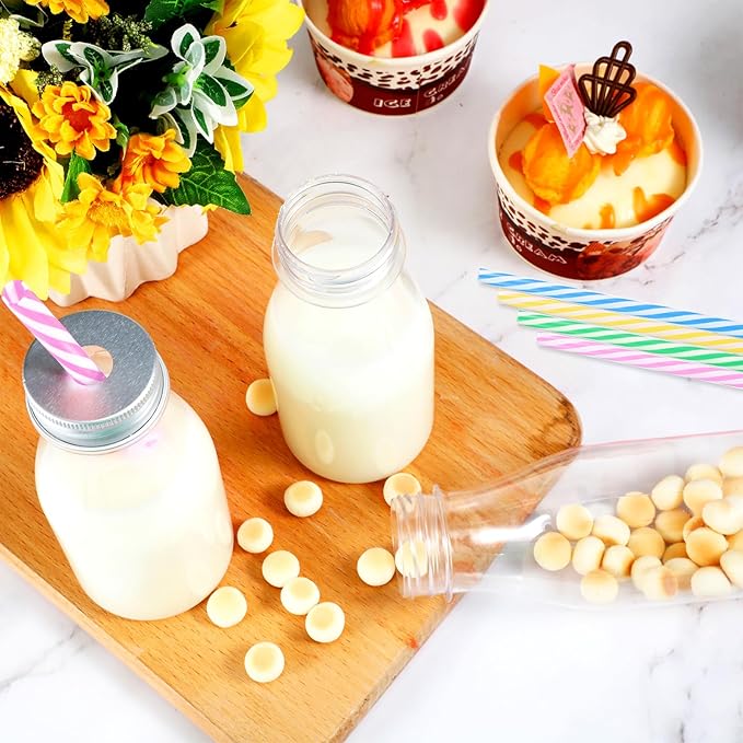 Yinkin 20 Sets Plastic Milk Bottles with Straws Lids Clear Plastic Containers for Dairy Milk Party Bottle for Juices Shakes Smoothies (8 oz,Pastel Color)