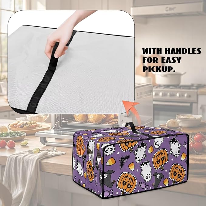 Air Fryer Toaster Oven Cover with Side Pockets, Protective Electrical Appliance Cover Kitchen Countertop Accessories, M, Ghost Pumpkin Bat Candy Violet Halloween Decor