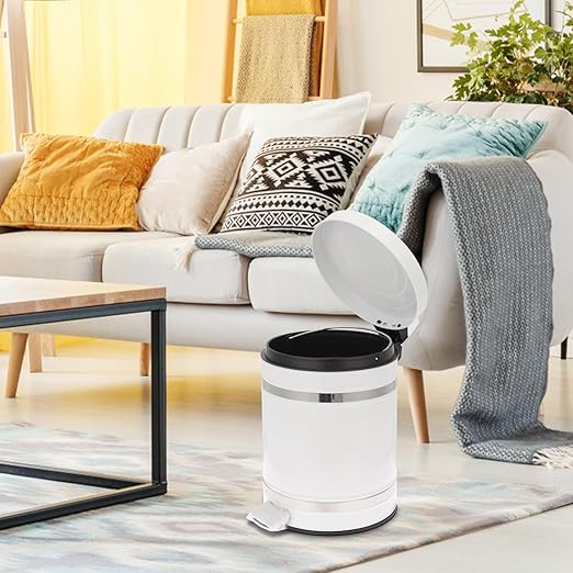 Roman Pattern Round Step Trash Can with Lid, 12l Foot Pedal Garbage Bin for Home Bathroom Kitchen, Steel Wastebasket with Covered Lid for Office and Bedroom Use