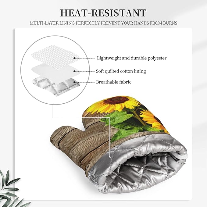 Sunflower Wooden Retro Oven Mitts and Pot Holders Sets of 4, Heat Resistant Silicone Oven Mittens and Potholders Gloves Hot Pads for Kitchen Cooking Baking Grilling BBQ Chef
