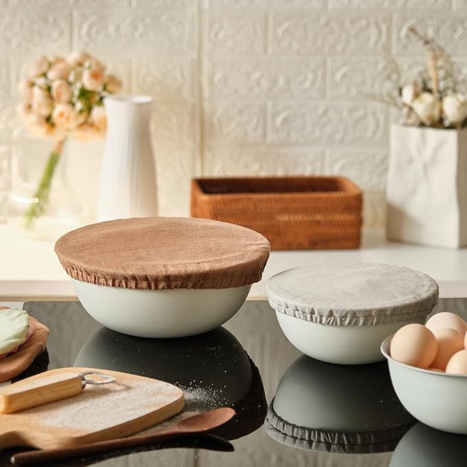 100% Pure Linen Bowl Covers For Bread Proofing, 4 Pcs Elastic Reusable Solid Color Cloth Fabric Bowl Covers,XL Organic Washable Large Stretch Sourdough Lids 6 * 8 * 10 * 12 Inches, Brown