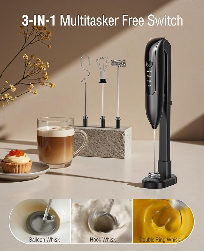 Dynooper Electric Milk Frother Handheld: coffee frother rechargeable 3 in 1 - LED Display, Wireless Charging - 3 Speeds, Stainless Steel Whisk for Latte, Cappuccino - Bright Grey