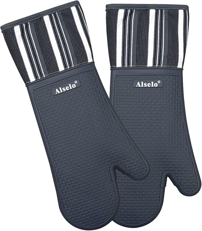 Alselo Silicone Oven Mitts Heat Resistant 550 Degree Extra Long Kitchen Gloves Pot Holders with Waterproof and Non-Silp for Baking Cooking Barbecue Microwave Machine Washable (Extra Long Grey, 2)