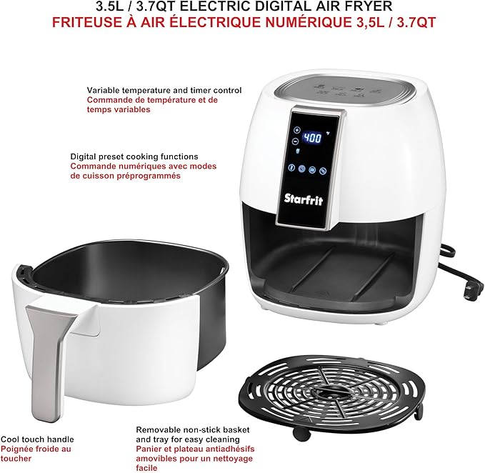 Starfrit Electric Digital Air Fryer - 3.5L Capacity - LED Touch Screen - 7 Preset Functions - 1400W