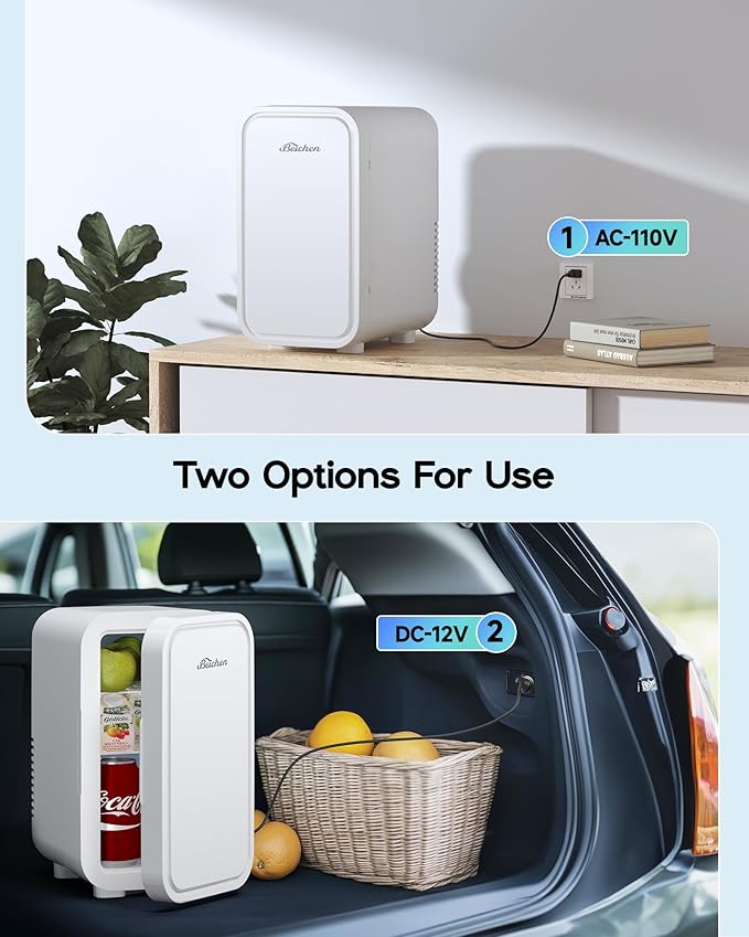 BEICHEN Mini Fridge,6 Liter / 8 Can Small Fridge for Bedroom, Car, Office & Dorm, 110V AC/DC Portable Thermoelectric Cooler & Warmer for Skincare, Food, Drinks, White