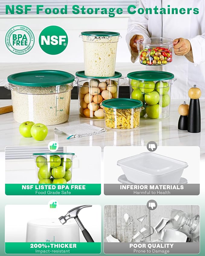 12QT NSF Food Storage Containers: 8 PCS [Food Grade][Hot&Cold Resistant] Commercial Clear Round Food Storage Containers with Scales Handles for Home Restaurant Kitchen Proof Dough(GREEN N)