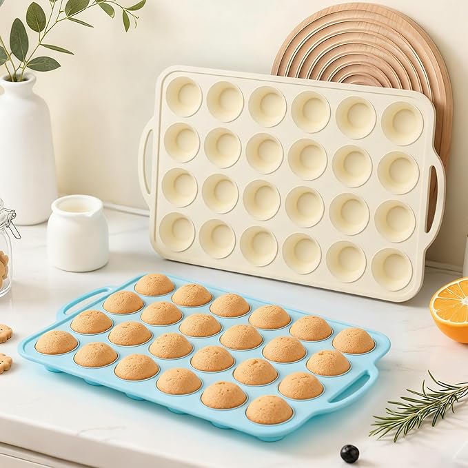Silicone Mini Muffin Pan with Frame: Nonstick 24 Muffin Tins for Easy Release Baking Egg Bites & Small Cups English mcmuffin - 2-Pack BPA Free Cupcake Pan Oven Safe Molds for Family and Home Bakers