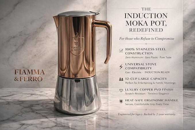 FIAMMA & FERRO Premium Italian Espresso Maker - 12-Cup (20oz) Stainless Steel Moka Pot, Copper PVD Finish, Induction Compatible, No Aluminum