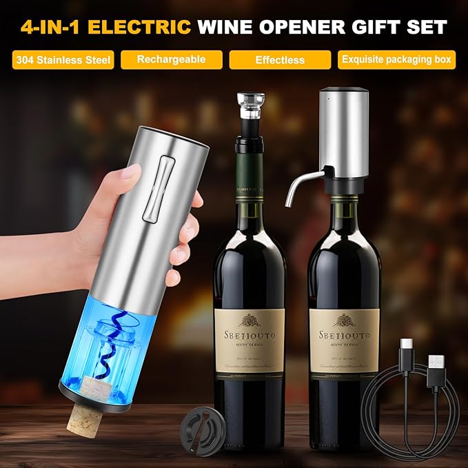 VIDYSUFYR Electric Wine Opener with Electric Decanter and Aerator, Rechargeable Electric Wine Bottle Opener, Stainless Steel Wine Accessories with Foil Cutter, Electric Aerator, Vaccum Stopper