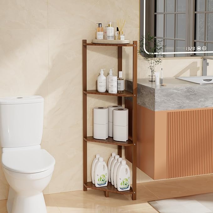 Wisuce Corner Shelf, 100% Real Bamboo Shower Corner Shelves Free Standing Shelf Storage Organizer for Bathroom Living Room Kitchen (Brown, 4 Tier)