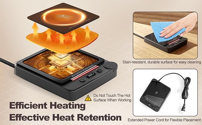 Fast Heating Coffee Mug Warmer,POLEDY Auto Shut Off Cup Warmer, Electric Beverage Warmer for Tea, Milk, Cocoa with 2-12H Timer, 3-Temp Settings Candle Warmer Plate, Black Smart Candle Melter