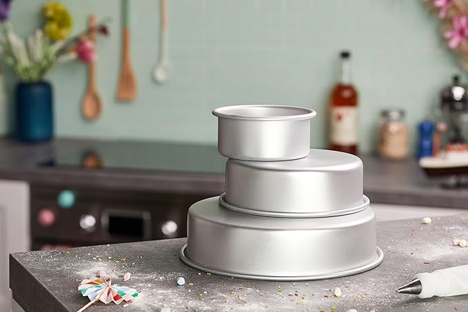 Wilton Aluminum Round Cake Pan Set, 3-Piece for Tiered Cakes, Durable, Even Heating, Rust-Resistant, Professional Bakeware, 4, 6, 8 in., Package May Vary