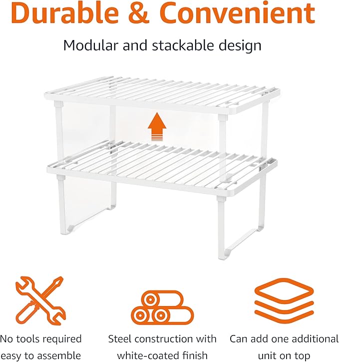 Amazon Basics Space-Saving Stackable Metal Kitchen Cabinet Organizer Shelves for Dishes, Pantry Organization, 12.5" L x 8" D x 4.5" H, Set of 2, White