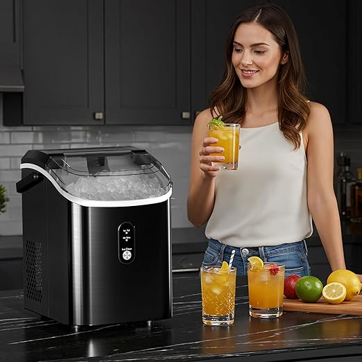 Antarctic Star Nugget Ice Maker Countertop, 34Lbs/24H, Soft Chewable Ice, Self-Cleaning, Portable Ice Machine, Fast Making in 8 Mins, Ice Basket & Scoop, Stainless Steel Black