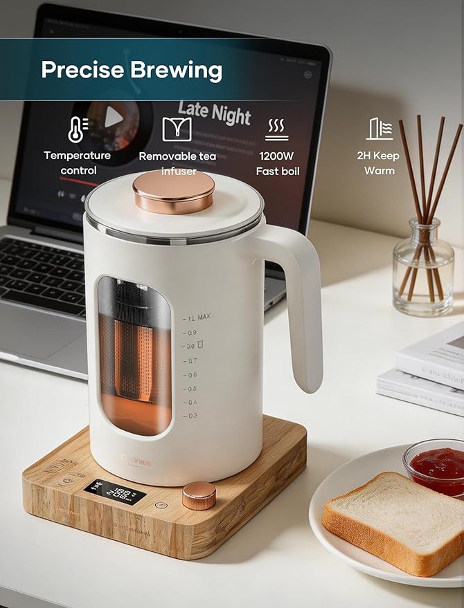 INTASTING Electric Tea Kettle, Electric Kettle with Tea Infuser, ±1℉ Knob Temperature Control, BPA-Free Glass, 1200W Fast Heating, Easy to Clean, 1 Liter (Cream White)