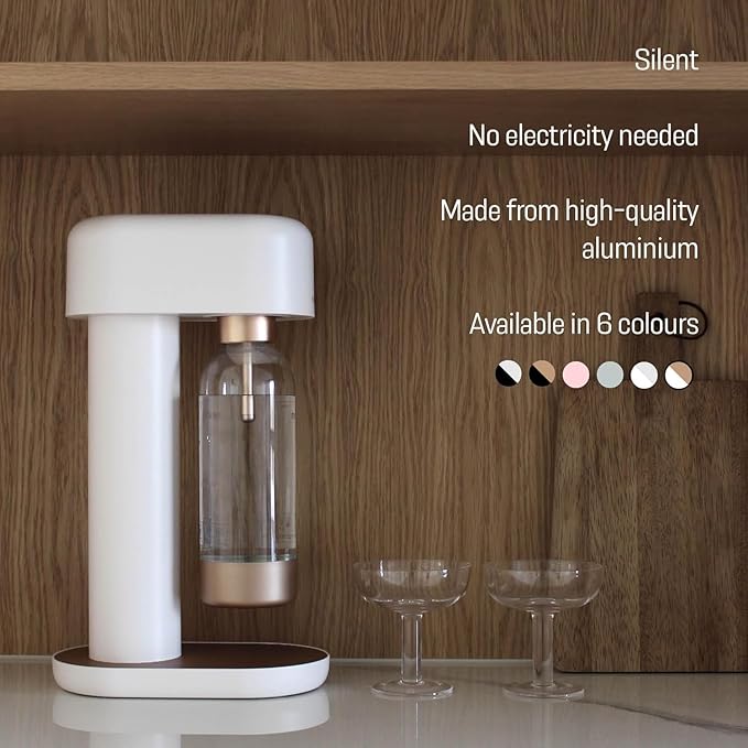 Mysoda Ruby 2 Soda Maker - Silent and Long-Lasting Aluminium Soda Maker with 1L Water Bottle - Without CO2 Cylinder - White Copper