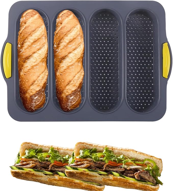 4-cavity Silicone Bread Loaf Pan, Nonstick Sourdough Loaf Pan & Heat Resistant Baguette Bread Pan, Bread Pans for Homemade Bread, Silicone Molds for Baking Hoagie Rolls, Sandwich, Hot Dog Buns