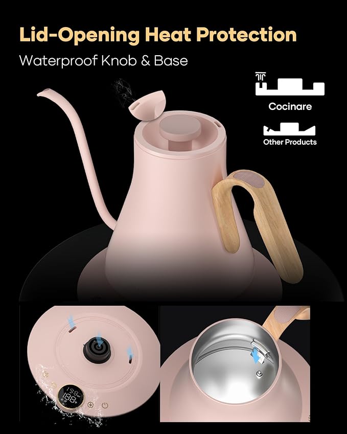 Cocinare Barista Collection Gooseneck Electric Kettle, ±1℉ Precise Temperature Control for Pour-Over Coffee & Tea, Quick Heating 1500W, Stainless Steel Interior, 0.9L (Munch Pink)