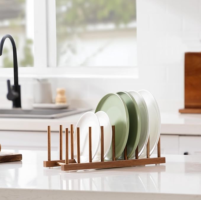 HBlife Acacia Wooden Dish Dying Rack Pot Lid Plate Organizer Holder for Cabinet, Cutting Board Stand Drainer Storage Plate Rack for Dish, Pot Lid, Bowl, Cup, Cutting Board and Books