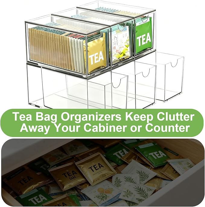 2 Pack Stackable Tea Bag Storage Organizer Drawers – Clear Acrylic Tea Bag Holder for Cabinet, Drawer, Pantry, Countertop – Kitchen Tea Storage Container