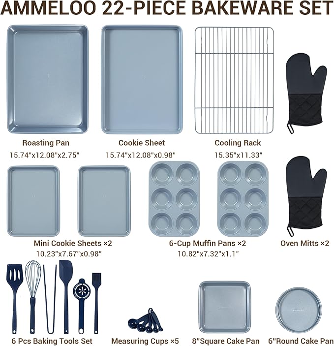 Ammeloo 22-Piece Baking Pans Set Stackable Bakeware Non Stick Baking Set Non Toxic Oven Pans, Including Roasting Pan, Cookie Sheets, Muffin Pans, Cake Pans, Oven Mitts and Utensils(Gray & Navy Blue)