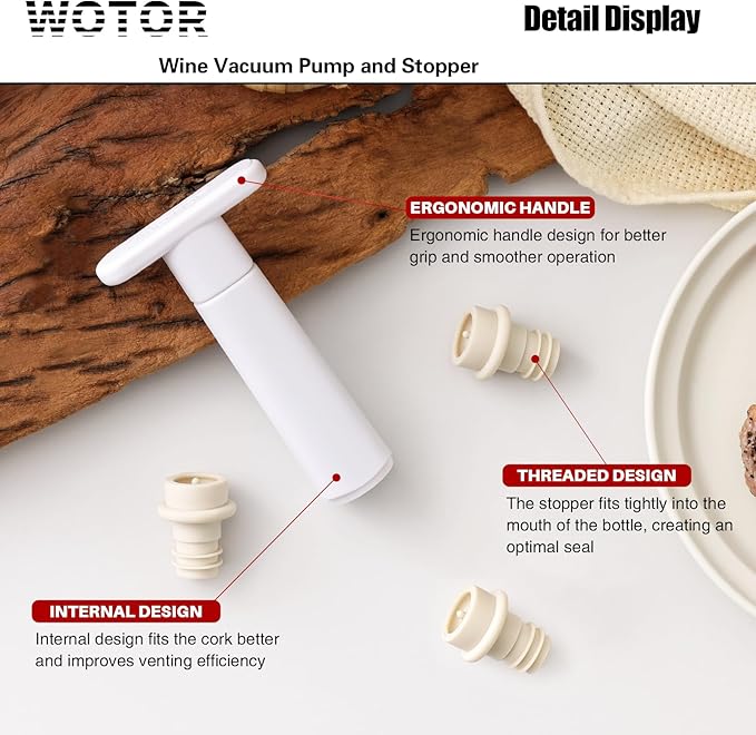 WOTOR Wine Saver Vacuum Pump with 4 Stoppers, Wine Stopper & Preserver, Reusable Bottle Sealer Keeps Fresh, Ideal Accessories Gift, Flat Handle (White) (Pack of 2)