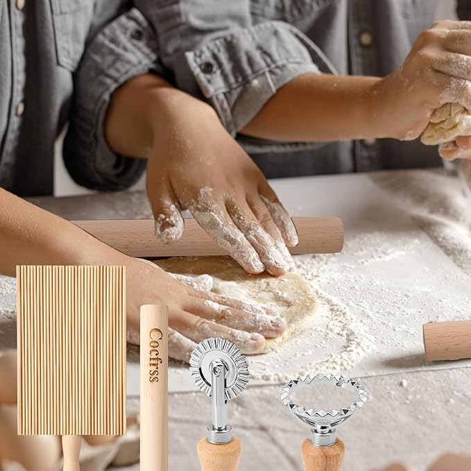 7 Pcs Potato Ricer & Gnocchi Board Kit with Dough Scraper, Ravioli Cutter, Empanada Press, Round Ravioli Mold, Ravioli Rolling Pin, Stainless Steel Ricer for Mashed Potatoes