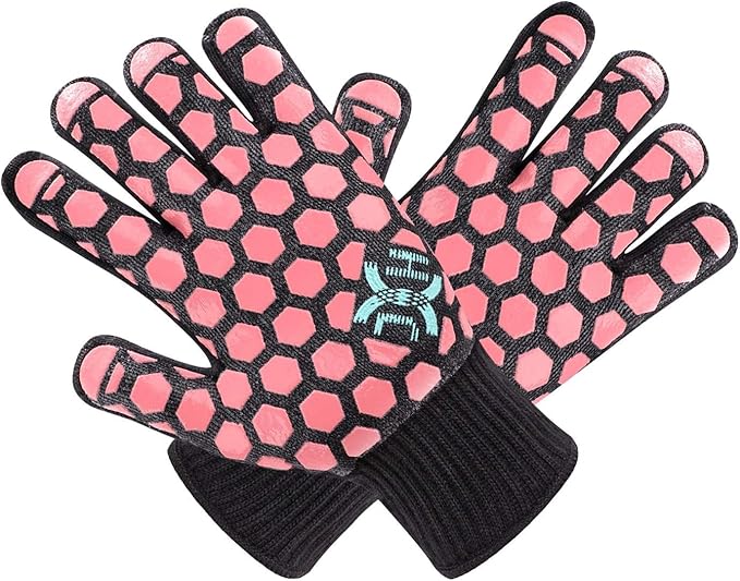 J H Heat Resistant Oven Glove:EN407 Certified 932 °F, 2 Layers Silicone Coating, Oven Mitts for Cooking,Kitchen,Fireplace, Grilling,1Pair (Black Shell with Coral, Women Fits All)