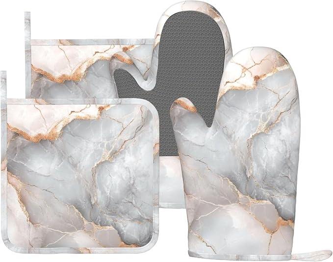 Oven Mitts and Pot Holders Gray Pastel Pink Marble Absstract Silicone Kitchen Accessories Set of 4 Heat Resistant Long Gloves Potholder Non-Slip Grip for Chef Cooking Baking Grilling BBQ