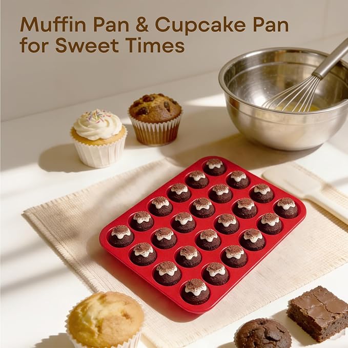 Silicone Muffin Pans for Baking Nonstick 2 Pcs, 24 Cup Mini Cupcake Pan, Food-Grade Silicone Baking Molds for Cupcakes, Freezer, Red
