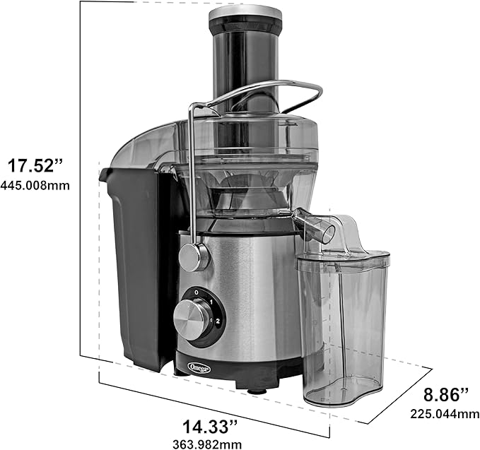 Omega Centrifugal Juicer with 3-Inch Wide Chute High Speed Extractor For Fruits and Vegetables, Features 2 Speeds Stainless Steel Filter and Large Pulp Container, 1000-Watts, Black