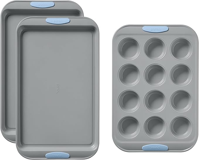 Pyrex (3-Piece) Metal Cookie & Muffin Sheet Bakeware Set, Lightweight Stainless Steel Baking Trays with Heatsafe Silicone Handles, Cookie Muffin Sheet Baking Pan, Cerulean