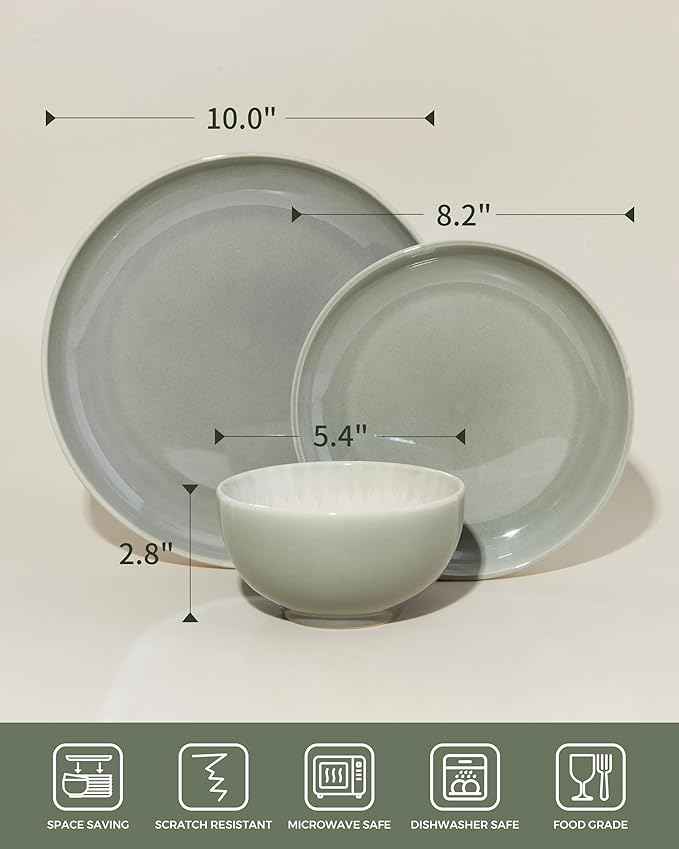 Plates and Bowls Sets for 8, 24 Piece Dinnerware Set for Large Families & Entertaining, Elegant Design, Dishwasher & Microwave Safe, Chip Resistant and Durable, Gray Green
