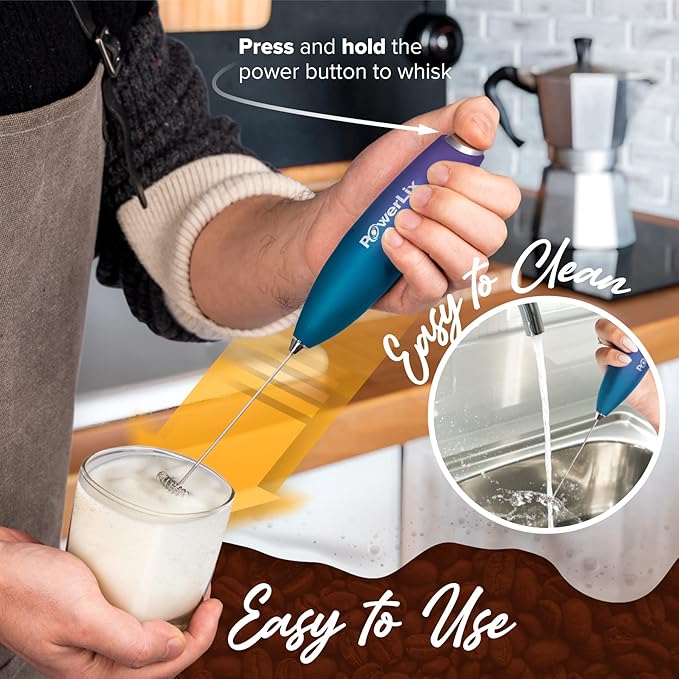 PowerLix Powerful Handheld Milk Frother With Stand Battery Operated Foam Maker Frother Wand For Coffee (A Black) (Purple Turqoise)