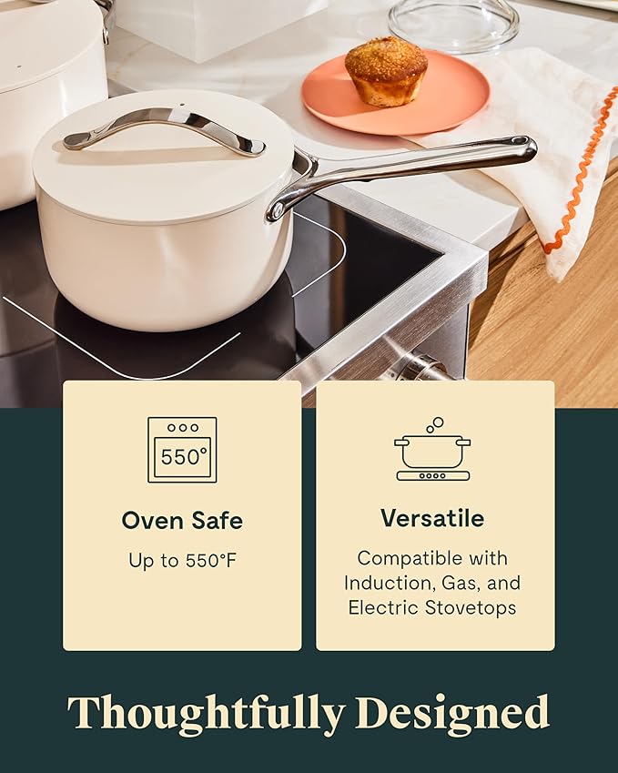 Caraway Nonstick Ceramic Sauce Pans with Lids (3 qt & 1.75 qt) - Non Toxic, PTFE & PFOA Free - Oven Safe & Compatible with All Stovetops (Gas, Electric & Induction) - Gray