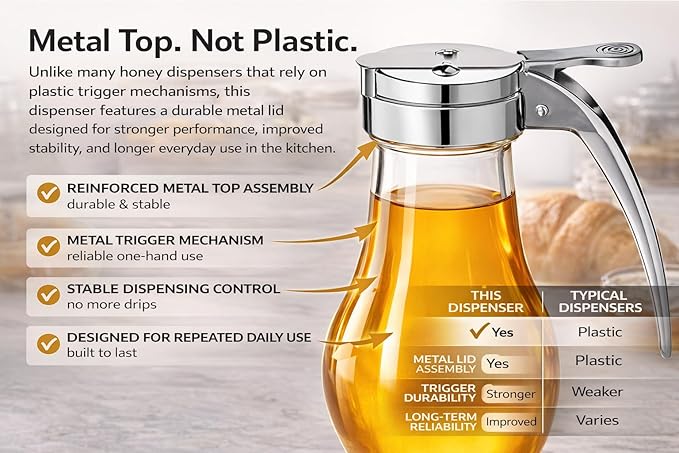 EHOMEA2Z Glass Honey Dispenser, 14 oz Syrup Dispenser with Metal Top, Maple Syrup Dispenser for Kitchen & Dining Table (2, 14 Oz)