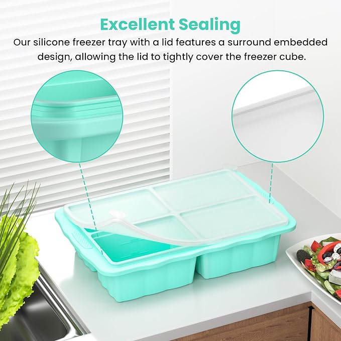 Silicone Freezer Tray With Lid, Silicone Freezing molds, Ice Cube Tray For Food, Release Soup Freezer Molds for freezing food, Soup, and Leftovers-Makes 4 Perfect 1 Cup- 3 Pack.