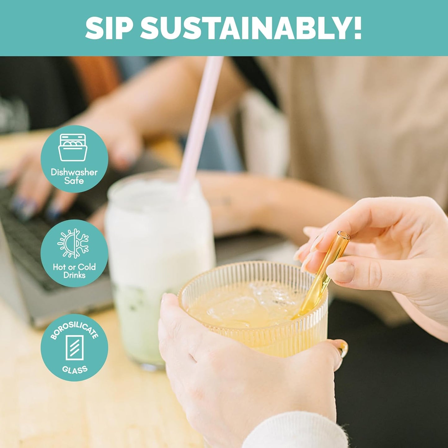 Simply Straws 6 Inch Glass Straws Straight (6-Pack) – Reusable Glass Straws for Low Balls & Stemless Glasses, with Cleaning Brush – Dishwasher Safe, Hot & Cold Use, BPA-Free (Iridium)