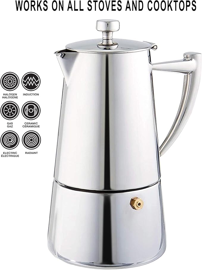 Cuisinox Roma Stovetop Espresso Maker COF-6R, Stainless Steel Coffee Percolator Stovetop, Heat-Resistant & Non-Reactive, 6-Cup Italian Espresso Maker Easy to Clean, Durable Stove Top Percolator