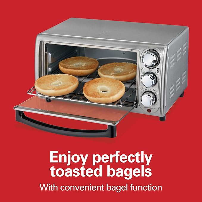 Hamilton Beach 4-Slice Toaster Oven with 5 Cooking Modes (Bake, Broil, Keep Warm Toast & Bagel) with Stay On & Auto Shutoff, 2 Rack Positions, 1100 Watts and 3 Accessories, Stainless Steel (31143)