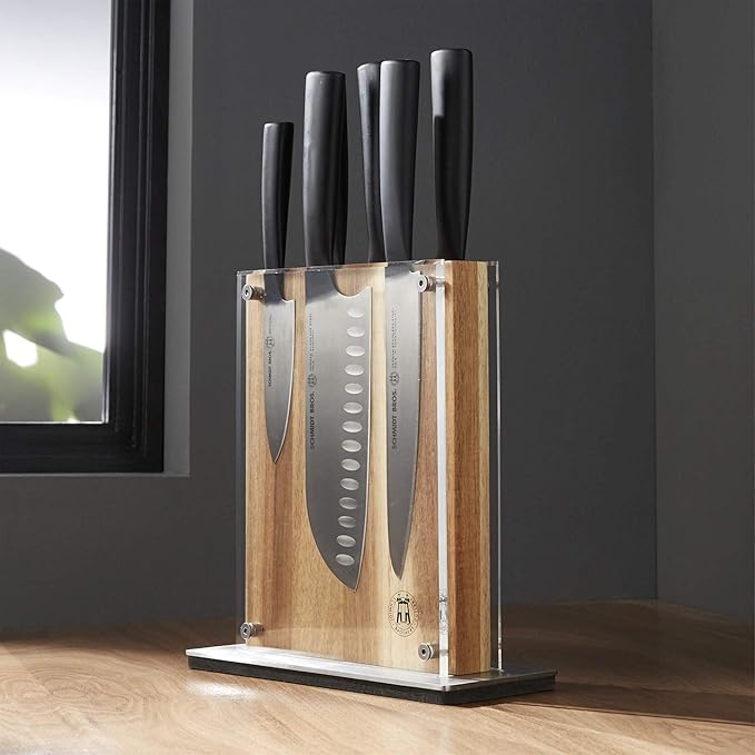 Schmidt Brothers - Carbon 6, 7-Piece Kitchen Knife Set, High-Carbon Stainless Steel Cutlery with Midtown Acacia and Acrylic Magnetic Knife Block