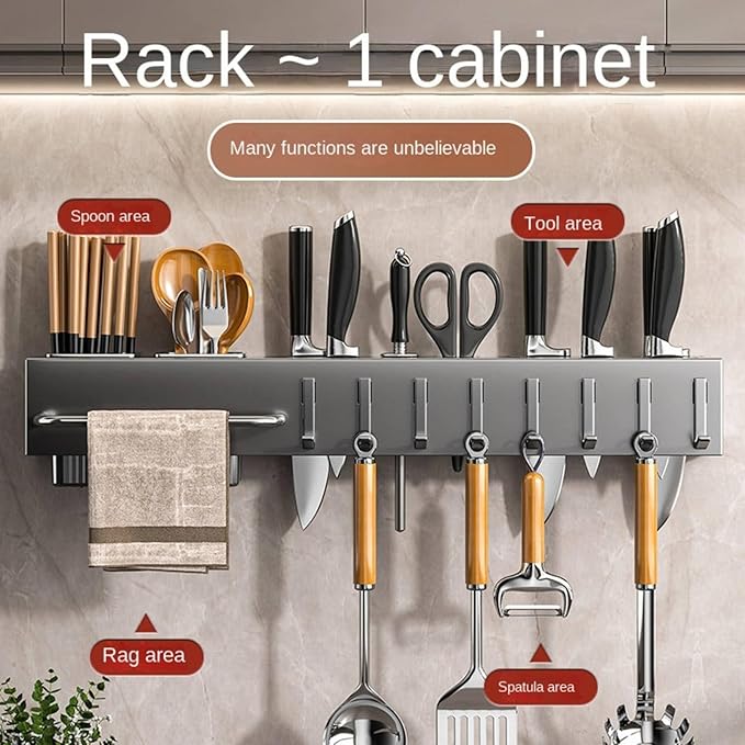New Multi-Functional Kitchen Rack Home Wall-Mounted Knives Chopstick and Spoon Storage Rack Punch-Free cookware draining Rack, 30, Black