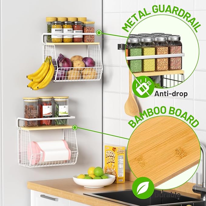 Magnetic Shelf for Fridge with Wood Lid, Fruit Potato and Onion Storage Bins, Pantry Organizers & Storage, Large Container Magnetic Spice Rack for Refrigerator, Kitchen Counter (White, 2)