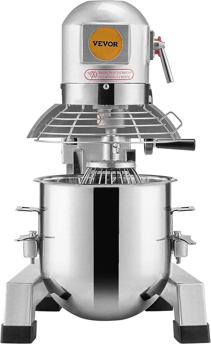VEVOR Commercial Mixer, Commercial Food Mixer 10Qt Stainless Steel Bowl, 450W Commercial Stand Mixer with 3 Speeds Adjustable, Dough Hook Whisk Beater Included, Perfect for Bakery Pizzeria, Silver