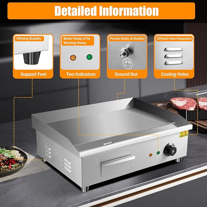 Commercial Electric Countertop Griddle 110v 22" 3000W, Flat Top Grill Hot Plate BBQ, Non-Stick Countertop Teppanyaki Grill for Restaurant Kitchen BBQ Party, 122~572℉Adjustable Temperature Control