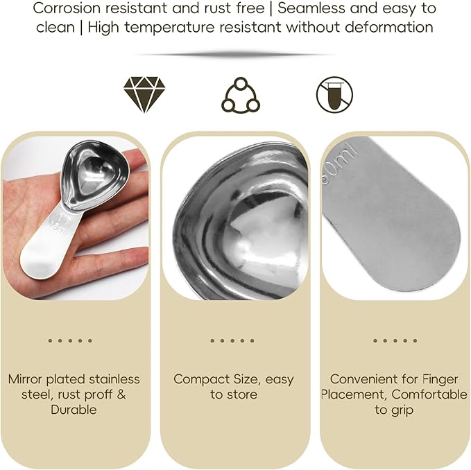 Hitefu 2 Packs Stainless Steel Coffee Scoop Set, 15ml Tablespoon with 30ml Spoon, Short Handle Spoon for Coffee, Tea, Sugar, Protein & Milk Powder (Silver)